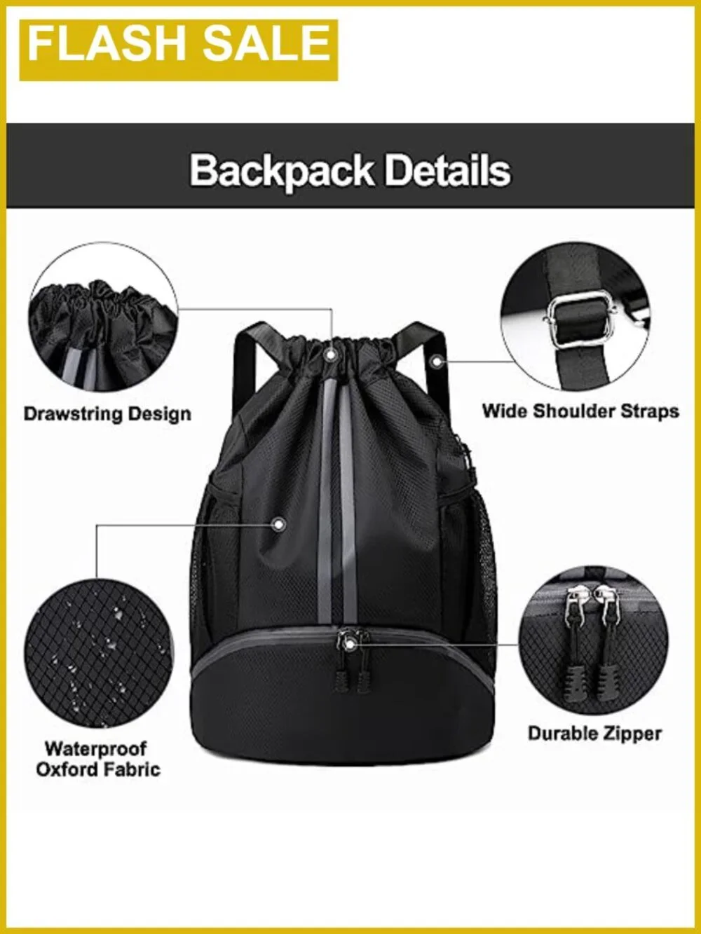 Water Resistant Drawstring Backpack Gym Swim Bag Separate Shoe Compartment
